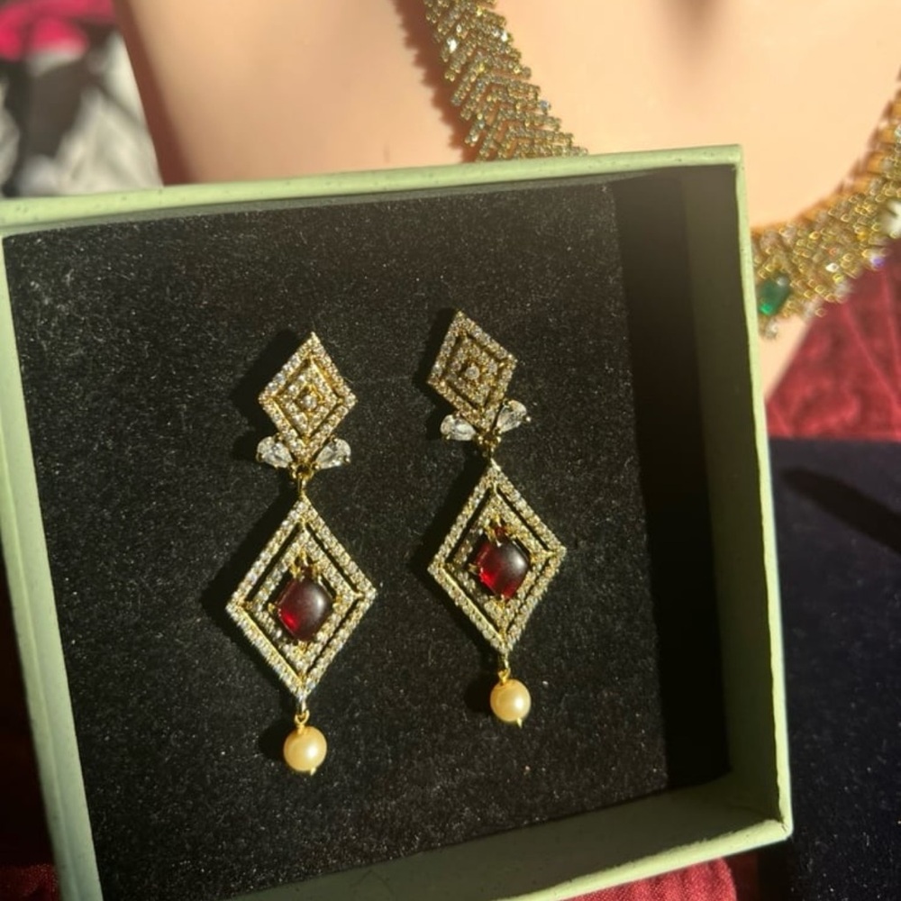 Gorgeous Ruby Drop Earrings With Clear Swarovski … - image 2